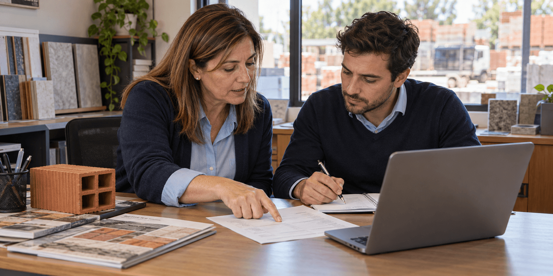 Equipo comercial de materiales para la construcción revisando las condiciones de un pedido de obra.