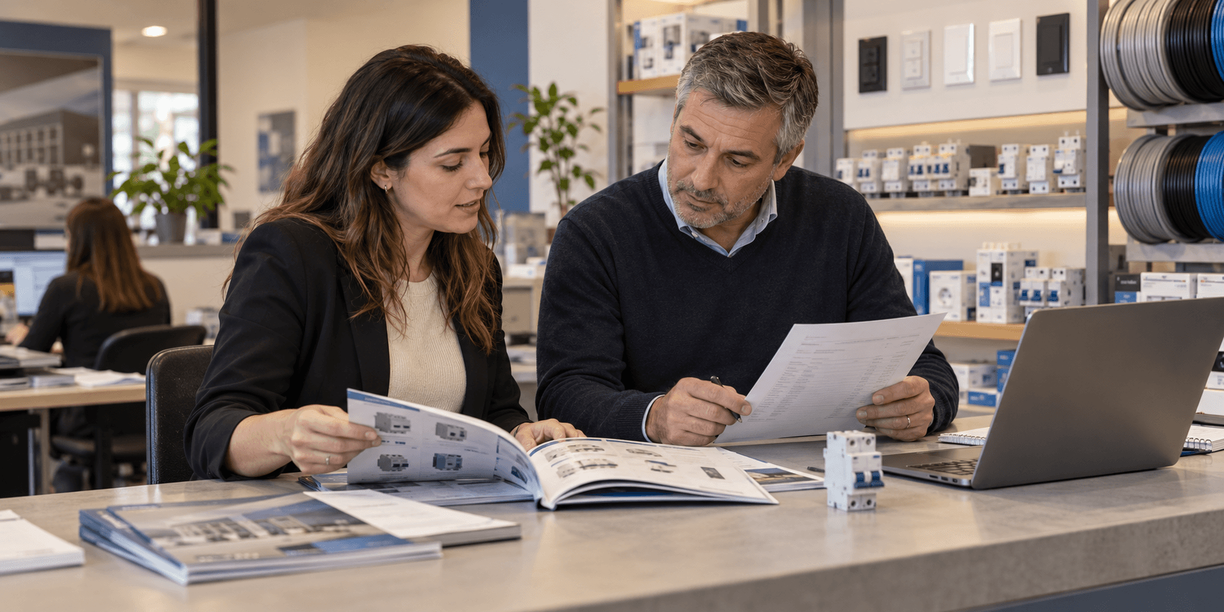 Equipo comercial de materiales eléctricos revisando un catálogo y una propuesta de precios.