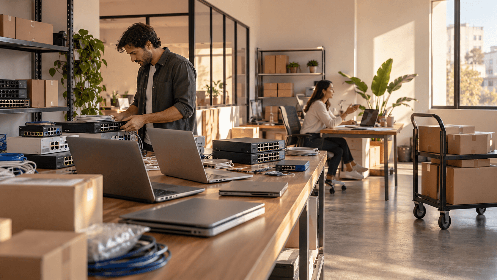 Equipos, notebooks y pedidos en preparación en una empresa de tecnología. Imagen ilustrativa.